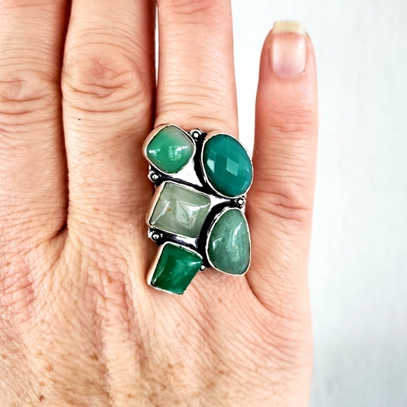 New Huge Chrysoprase & Agate 925 Silver Statement Ring. - Picture 6 of 8